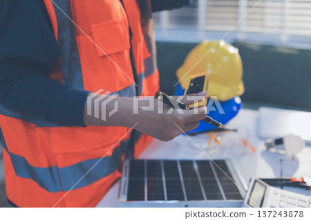 Concept Architect and desk of Architectural project in construction site or office building with mining light Concept Architect and desk of Architectural project in construction site or office building with mining light 137243878