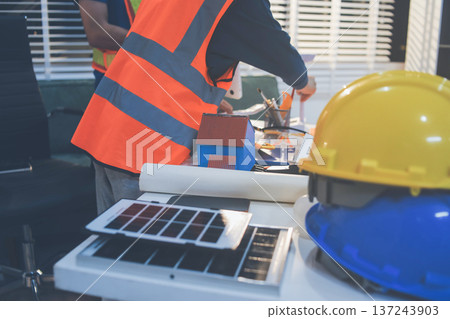 Concept Architect and desk of Architectural project in construction site or office building with mining light 137243903