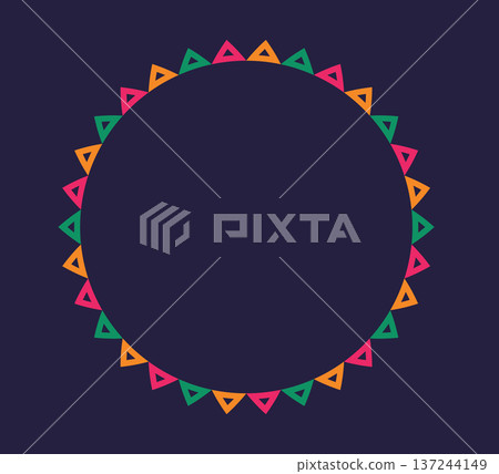 Mexican pattern circle frame. African ethnic motif border. Aztec triangular ornament round frame. Mexican text frame. African ethnic culture ornament. Vector illustration isolated on dark background 137244149