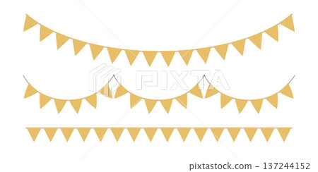 Golden triangle party bunting border. Gold festive flag garland. Birthday party bunting. Yellow flag ribbon chain. Carnival banner. Design element. Vector illustration isolated on white background Golden triangle party bunting border. Gold festive flag garland. Birthday party bunting. Yellow flag ribbon chain. Carnival banner. Design element. Vector illustration isolated on white background 137244152