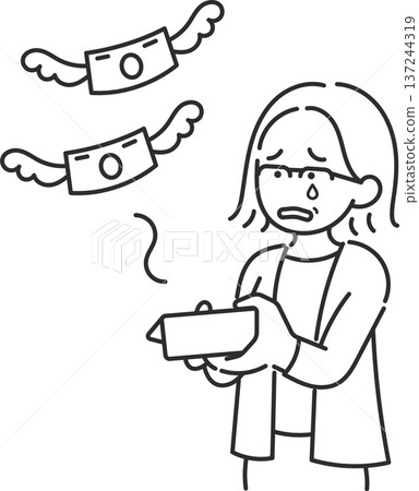 一幅插圖，描繪了一位40多歲女性錢包裡的錢飛出來（僅線條畫）。 137244319