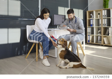 Veterinarian consulting beagle with owner in clinic, dog checkup and pet care 137244359