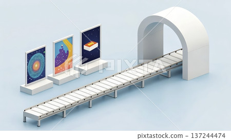 Digital art display in a modern gallery with a walkway and colorful screens 137244474