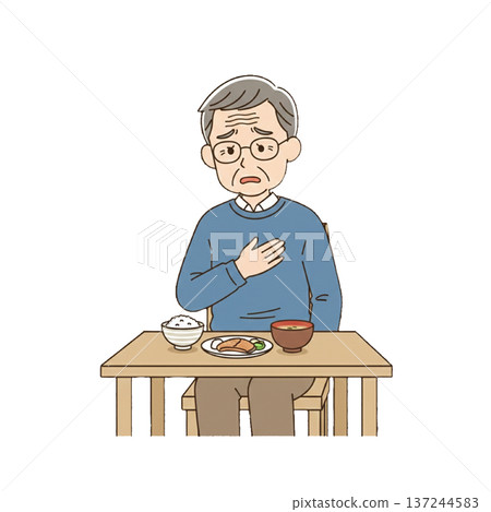 一位老年男子在進食時抱怨胸悶和喉嚨緊縮。 一位老年男子在進食時抱怨胸悶和喉嚨緊縮。 137244583