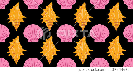 Seamless pattern with pink scallop and yellow murex seashells on black background Seamless pattern with pink scallop and yellow murex seashells on black background 137244623