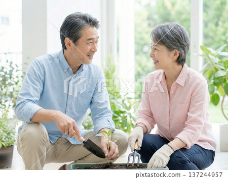 A couple enjoying indoor gardening 137244957