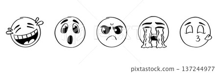 Doodle emoji face set in sketch linear style. Hand-drawn outline round characters with various expressions featuring laugh, wonder, anger, tearful, amorous mood. Vector black white linear illustration 137244977