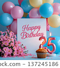 Decorations with balloons and a happy birthday candle with the number 25. Happy birthday greetings in pink flowers for twenty-five years for a girl, copy space. Muffin with a burning candle 137245186