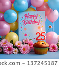 Birthday card with candle and cake: number 25 on a blue background. 137245187