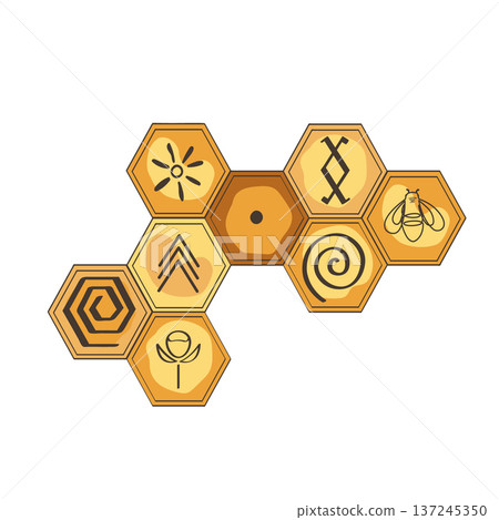 Honeycomb with bee honey decorated doodle ancient and tribal symbols. Organic and wild honey concept. Vector isolated hand drawn illustration. Honeycomb with bee honey decorated doodle ancient and tribal symbols. Organic and wild honey concept. Vector isolated hand drawn illustration. 137245350