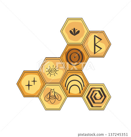 Honeycomb with bee honey decorated doodle ancient and tribal symbols. Organic and wild honey concept. Vector isolated hand drawn illustration. Honeycomb with bee honey decorated doodle ancient and tribal symbols. Organic and wild honey concept. Vector isolated hand drawn illustration. 137245351