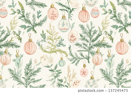 Festive Christmas and New Year pattern featuring delicate ornaments and lush greenery, creating a joyful and vibrant holiday atmosphere for seasonal celebrations 137245473