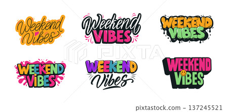 Hand-Drawn Weekend Vibes Lettering Set, Modern Brush Calligraphy Typography Collection, Playful Positive Quote Design for Prints, Posters, Social Media, Stickers in a vector illustration Hand-Drawn Weekend Vibes Lettering Set, Modern Brush Calligraphy Typography Collection, Playful Positive Quote Design for Prints, Posters, Social Media, Stickers in a vector illustration 137245521