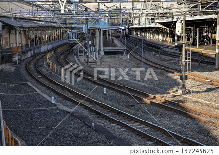 Nov 29 2025 Speed Rail Tracks at Kyoto Station Platforom Nov 29 2025 Speed Rail Tracks at Kyoto Station Platforom 137245625