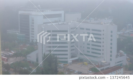 Dense Morning Fog Surrounds Tseung Kwan O Hospital Buildings March 1 2026 137245645