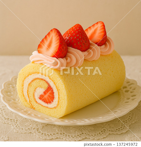 A spring-colored strawberry roll cake topped with a generous amount of fresh strawberries A spring-colored strawberry roll cake topped with a generous amount of fresh strawberries 137245972