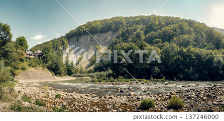 Mountain River Valley with Forested Hills and Rocky Shore 137246000