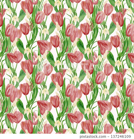 Seamless pattern with large pink tulips. The watercolor illustration is hand-drawn. Seamless pattern with large pink tulips. The watercolor illustration is hand-drawn. 137246109
