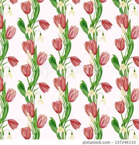 Seamless pattern with pink tulips. The watercolor illustration is hand-drawn. Seamless pattern with pink tulips. The watercolor illustration is hand-drawn. 137246110