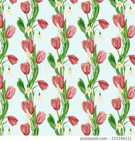 Seamless pattern with pink tulips and snowdrops, a wave on a pink background. The watercolor illustration is hand-drawn. Seamless pattern with pink tulips and snowdrops, a wave on a pink background. The watercolor illustration is hand-drawn. 137246111