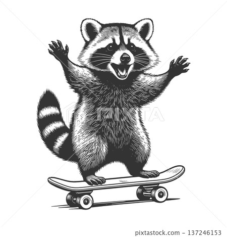 Raccoon Riding Skateboard engraving sketch raster Raccoon Riding Skateboard engraving sketch raster 137246153