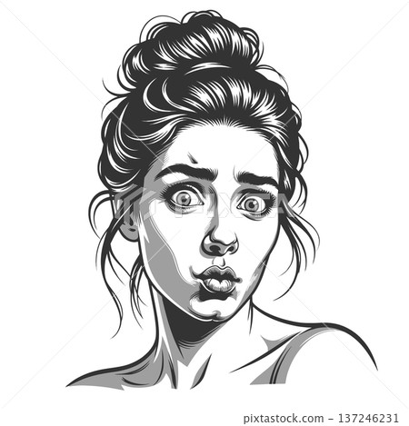 Surprised Young Woman engraving sketch raster Surprised Young Woman engraving sketch raster 137246231