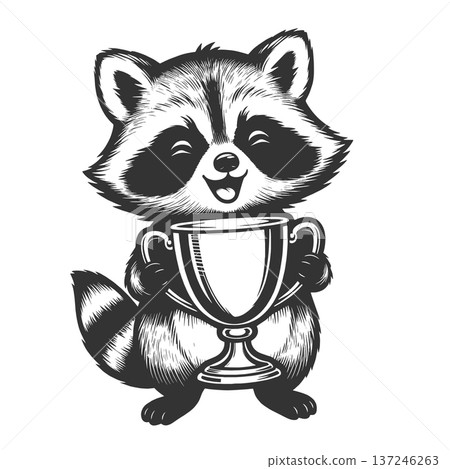Raccoon Holding Trophy Cup engraving sketch vector 137246263
