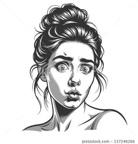 Surprised Young Woman engraving sketch vector Surprised Young Woman engraving sketch vector 137246266