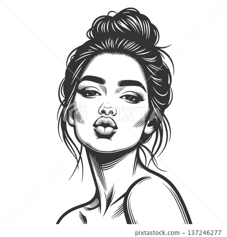 Beautiful Woman Blowing Kiss engraving vector 137246277
