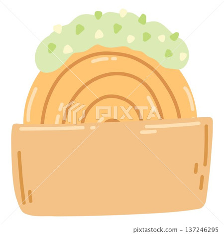 Hand drawn circle croissant, tasty bakery, pastry, french breakfast. Supreme croissant or New York Roll in paper bag 137246295