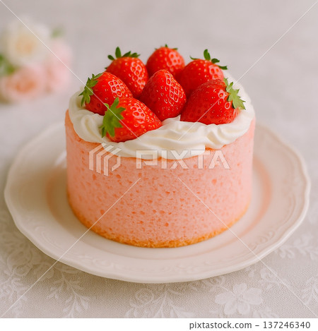 A spring-colored pink chiffon cake lavishly decorated with bright red strawberries 137246340