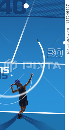 Striking design female padel player preparing overhead shot with stylized court lines and score elements. 137246497