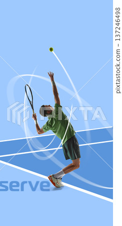 Bold mixed media male tennis player serve on minimal blue court with abstract motion curves. 137246498