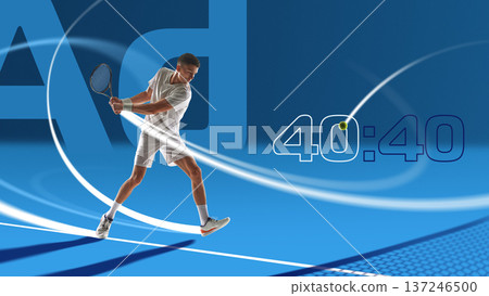 Modern artwork male tennis player executing backhand with large score numbers and flowing light trails. 137246500