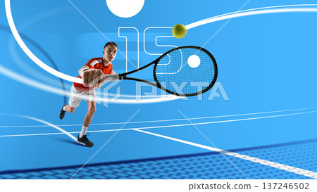 Striking design male tennis player reaching forward toward ball on clean blue court. Striking design male tennis player reaching forward toward ball on clean blue court. 137246502