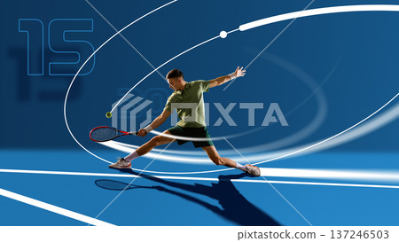 Powerful poster male tennis player lunging to return ball with score numbers and sweeping lines 137246503