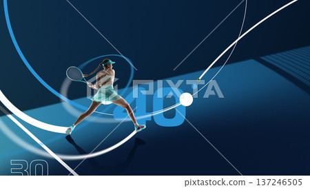 Dynamic artwork female tennis player striking ball with bold score overlay and motion curves. 137246505
