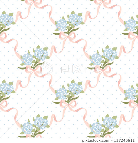 Vintage floral ribbon bows seamless pattern. Preppy hydrangea flower bouquets, vector coquette print, wallpaper 137246611