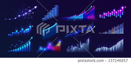 Financial Growth Analytics Bars Icon Set, Fintech Rise Business Profit, Up Chart Stock Candle. Benefit Development Invest, Money Inflation, New Business Year Sale Plan. Vector Signs Collection 137246857