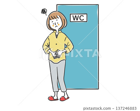Woman holding her stomach in front of the toilet, whole body, vector 137246883
