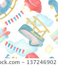 Watercolor illustration of baby toys: rocking horse, slide, gifts, garland and bottle in soft pastel colors. Cute nursery art for kids room decor, cards, pattern and print, fabric pattern, party decor 137246902