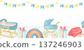 Seamless border horizontal Watercolor baby illustration with rocking cradle, pram, rainbow, gifts, bunting and toy dog. Perfect for nursery decor, invitations, prints, textiles and stationery 137246903