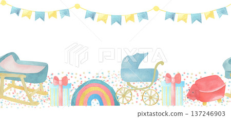 Seamless border horizontal Watercolor baby illustration with rocking cradle, pram, rainbow, gifts, bunting and toy dog. Perfect for nursery decor, invitations, prints, textiles and stationery 137246903