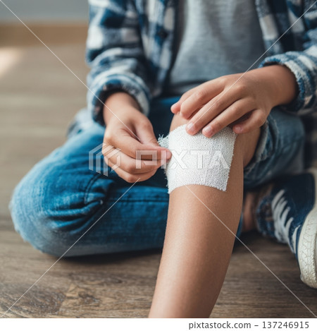 Child applying gauze bandage on injured knee 137246915
