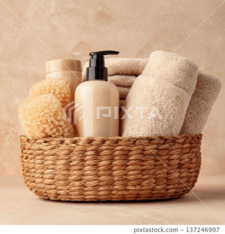 Spa wellness products and natural bath essentials in basket 137246997