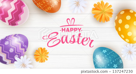 Easter banner featuring colorful decorated eggs Easter banner featuring colorful decorated eggs 137247230