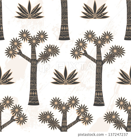 Doodle patterned Joshua tree seamless pattern. Yucca plant ornamented in tribal indigenous style, desert symbol of American southwest. Vector hand drawn illustration Doodle patterned Joshua tree seamless pattern. Yucca plant ornamented in tribal indigenous style, desert symbol of American southwest. Vector hand drawn illustration 137247237