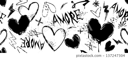 Seamless pattern with crayon hearts, graffiti love symbols and amore text in grunge style Seamless pattern with crayon hearts, graffiti love symbols and amore text in grunge style 137247304