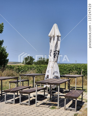 Wooden table with folded umbrella against vineyard background. Picnic area Wooden table with folded umbrella against vineyard background. Picnic area 137247419