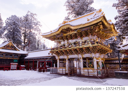 Nikko City, Nikko Toshogu Shrine, Yomeimon Gate in snow Nikko City, Nikko Toshogu Shrine, Yomeimon Gate in snow 137247538